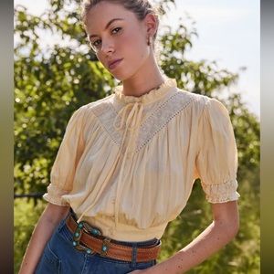 Stand Collar Ruched Short Sleeve Prairie Blouse Ruffle  Shirt